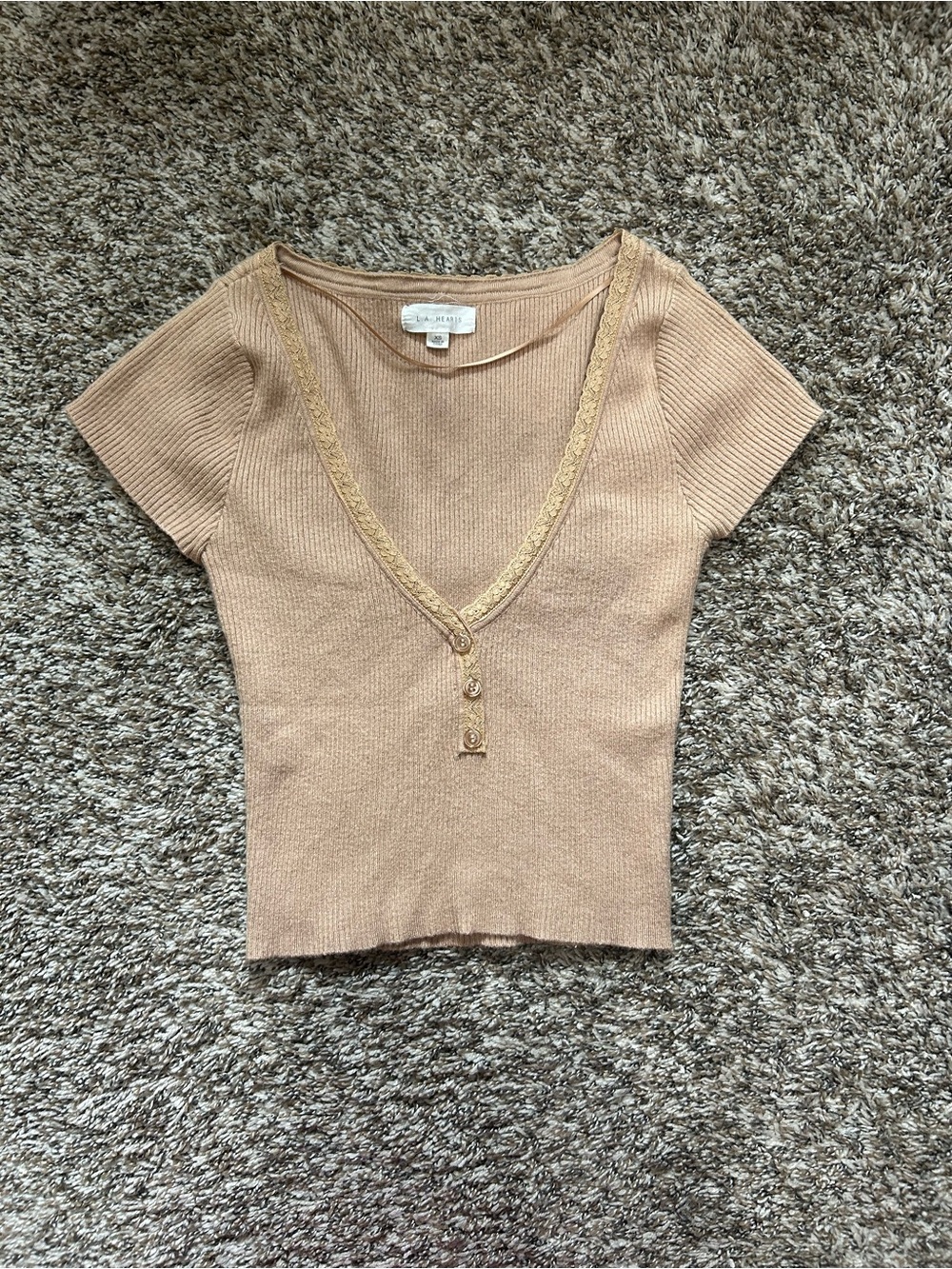 La Hearts Beige Ribbed V-Neck Crop Top with Lace Trim